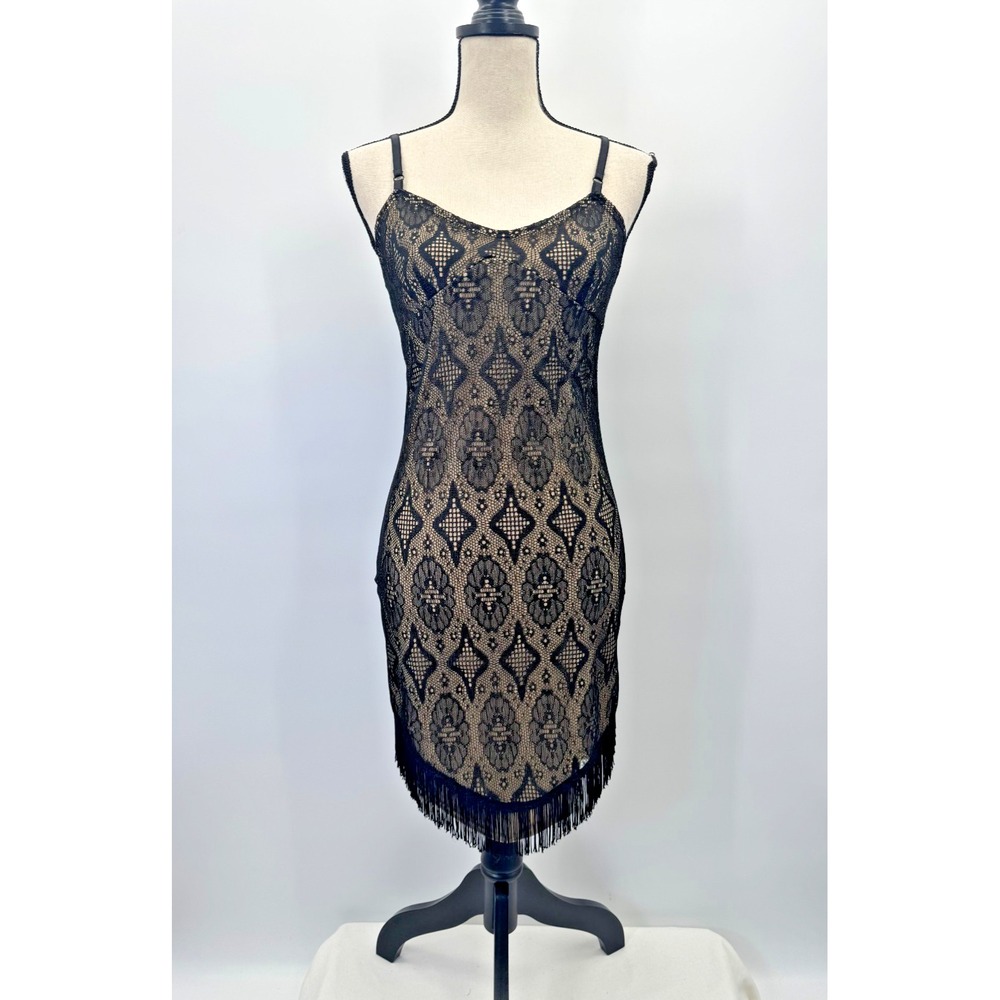 VTG Y2K Whimsigoth Chesley Babydoll Black Lace Overlay Dress M Fringe Hoco Rush